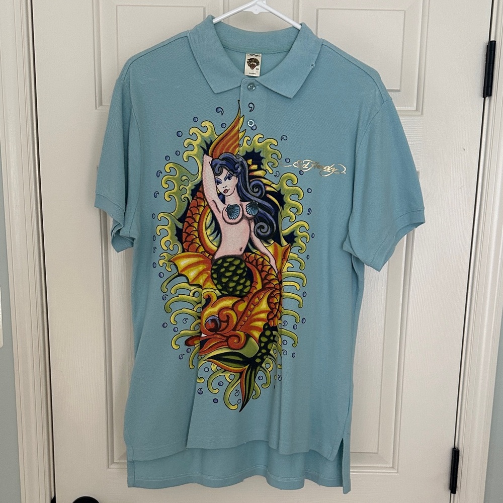 Ed Hardy Aqua Polo with Vibrant Graphic